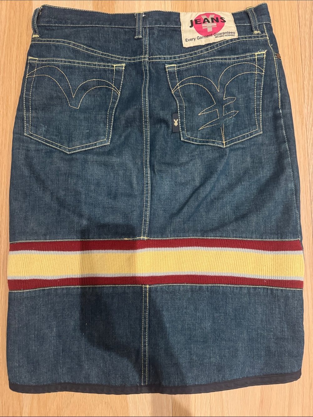 Michiko koshino Jeans Denim  Skirt with Red and Yellow Stripe . Authentic